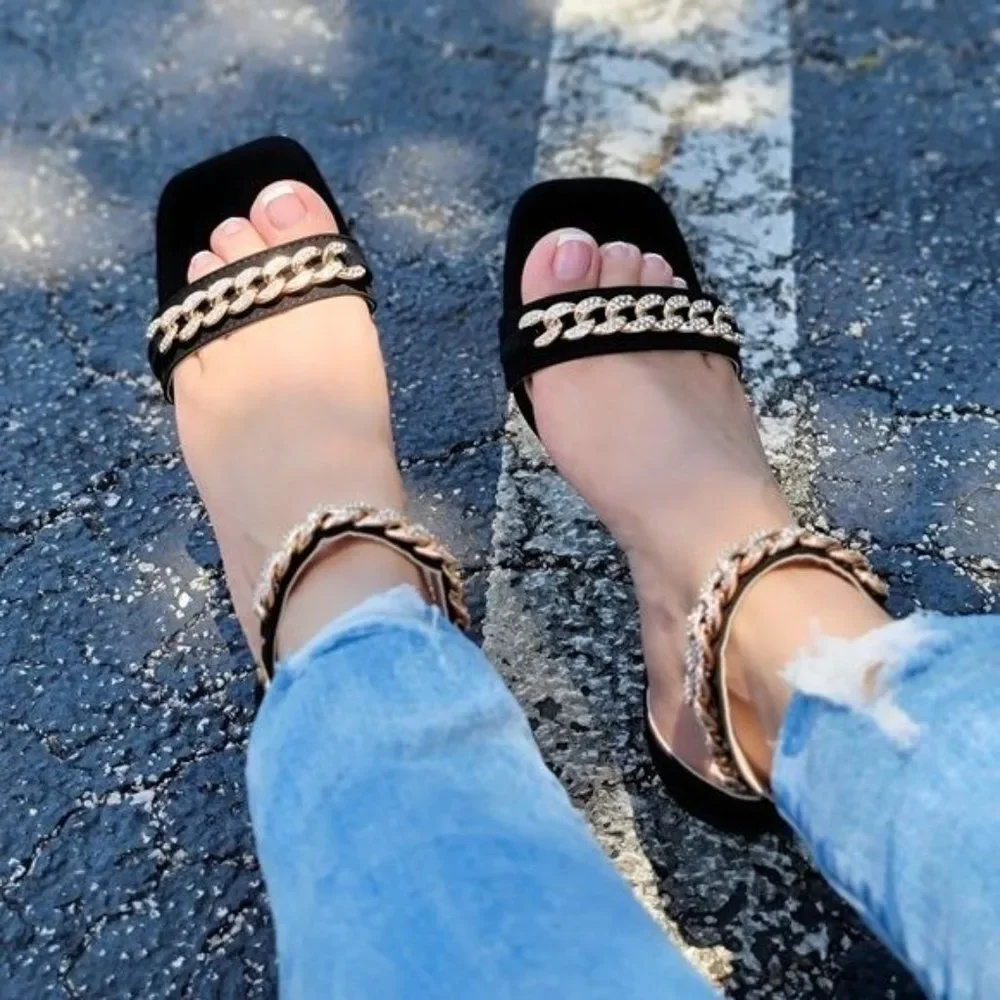 Womens Black Ankle Strap Heels Chains Stiletto Sandals - Picture 3 of 5